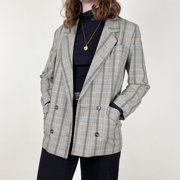 Vintage Plaid Double Breasted Oversized Blazer Jacket Pea Coat Preppy Long Light - Picture 2 of 6